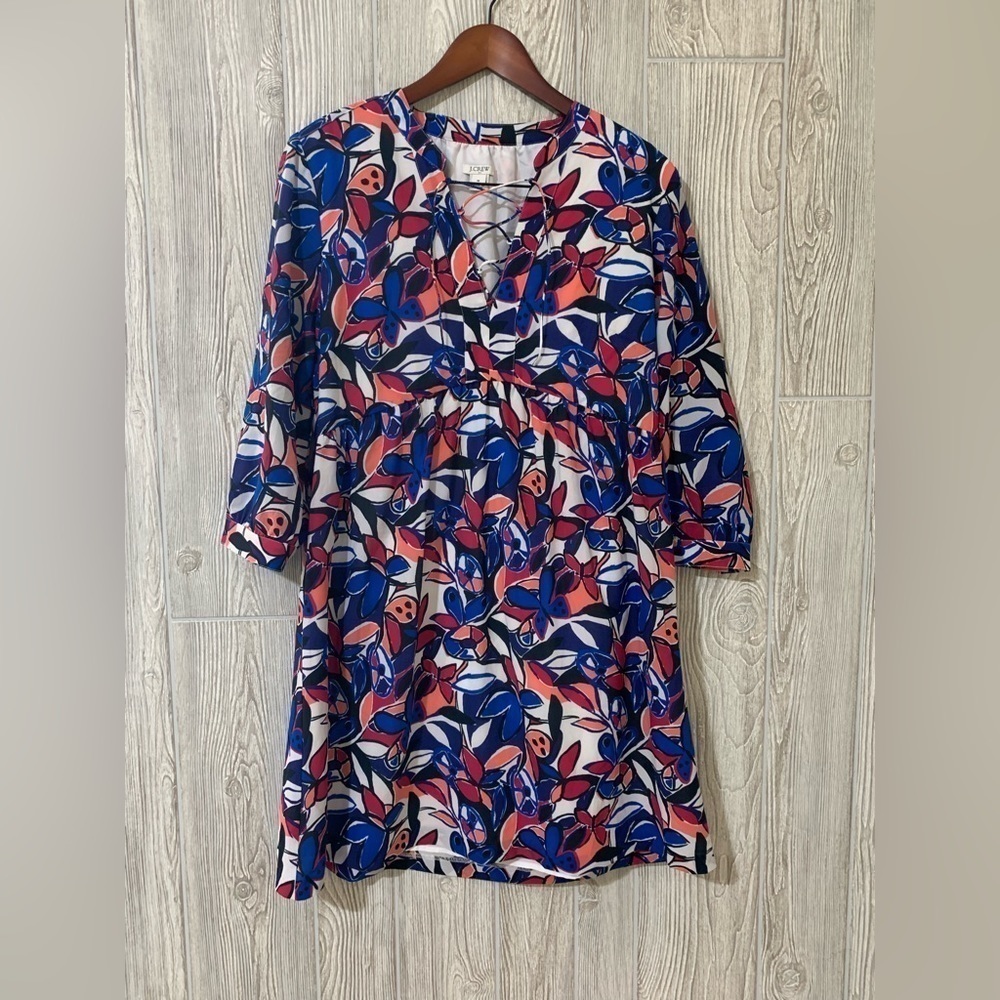 J. Crew Multicolored Floral Print Laced Up V Neck Oversize Dress Size Medium